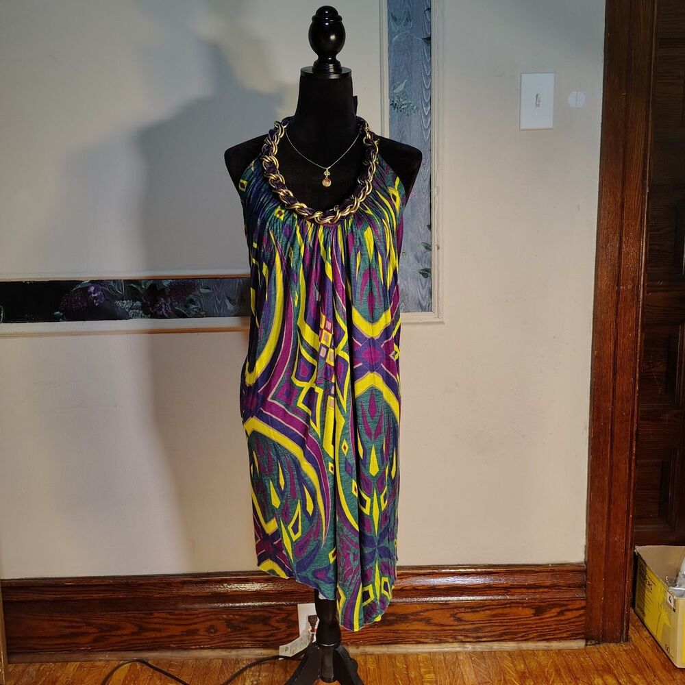 Chain Halter Top Purple Yellow Geometric Pattern Dress Size L/T39